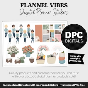 May include: Digital planner stickers with a flannel theme. The stickers feature illustrations of people wearing flannel shirts, pumpkins, autumn leaves, and other autumnal elements. The text "FLANNEL VIBES" and "Digital Planner Stickers" is at the top of the image. The text "DPC DIGITALS" is in a circle at the bottom right of the image. The text "works with any digital planning app" is below the circle. The text "Quality products and customer service you can trust with over 200,000 digital planner products sold!" is at the bottom of the image. The text "Includes GoodNotes file with precropped stickers + Transparent PNG files" is at the bottom of the image.