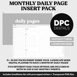 Peut inclure: Un pack d'inserts pour planificateur numérique avec un thème blanc et un mode paysage. Le pack comprend des packs de 31 et 30 jours pour avoir un mois de pages quotidiennes. Cinq options de pages quotidiennes différentes sont incluses dans les inserts mensuels de 30 et 31 jours. Le pack comprend des fichiers GoodNotes avec des autocollants pré-découpés et des fichiers PNG transparents.