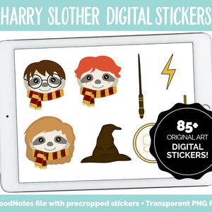 May include: Digital stickers featuring Harry Potter themed sloths. The stickers include a sloth wearing a Gryffindor scarf, a sloth wearing a Hufflepuff scarf, a sloth wearing a Slytherin scarf, a sorting hat, a lightning bolt, a wand, and a clock with the number 9 on it. The stickers are on a white background and are surrounded by a black circle with the text "85+ ORIGINAL ART DIGITAL STICKERS!" in white.