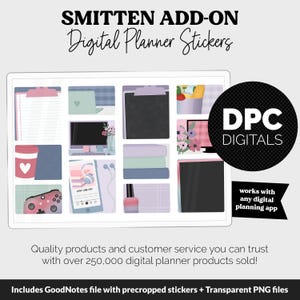 Op de afbeelding: Digitale planner stickers met diverse illustraties, waaronder een koffiekopje, een laptop en een computermonitor. De afbeelding bevat de tekst "SMITTEN ADD-ON Digital Planner Stickers" en "DPC DIGITALS". De stickers werken met elke digitale planning app.