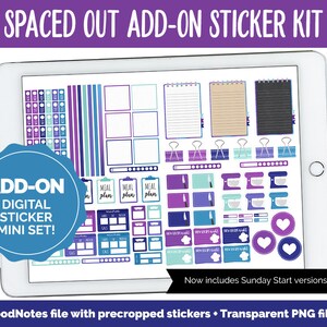 Puede incluir: Un kit de pegatinas digitales para GoodNotes con pegatinas precortadas y archivos PNG transparentes. El kit presenta una combinación de colores púrpura, azul y turquesa e incluye varias pegatinas para la planificación de comidas, notas y otros fines organizativos. El texto "SPACED OUT ADD-ON STICKER KIT" y "ADD-ON DIGITAL STICKER MINI SET!" es visible en la imagen.