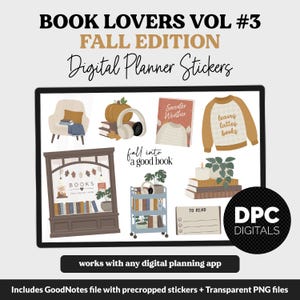 以下が含まれることがあります： BOOK LOVERS VOL #3 FALL EDITION Digital Planner Stickersというタイトルのデジタルステッカーセット。椅子、カボチャ、ヘッドフォン、本、セーター、本棚、カート、テキスト付きの読書リストのイラストが含まれています。