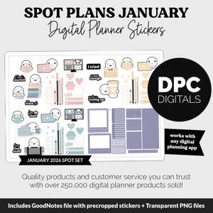 May include: Digital planner stickers for January 2026, featuring a variety of cute illustrations and functional elements. Includes stickers with phrases like "I tried" and "fun stuff", along with decorative shapes and templates. The set is designed to work with any digital planning app.