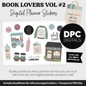 Op de afbeelding: Digitale planner stickers met een boeken thema. De stickers bevatten illustraties van een boekenkar, koffiekopjes, een trui, draagtassen en een boekhandel. Tekst bevat "Book Lovers Club", "Shelf Love" en "The Book Nook".