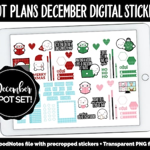 May include: A digital planner sticker set with a December theme. The stickers feature a variety of designs, including snowmen, Christmas trees, and holiday-themed text. The stickers are designed for use with the GoodNotes app.