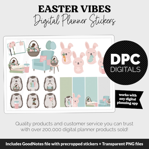 Easter Vibes Digital Planner Stickers | GoodNotes, iPad and Android | Spring, Huey the Hedgehog, Bunny