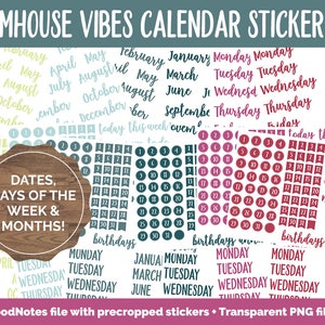 May include: A set of farmhouse-themed calendar stickers for a planner or journal. The stickers are in various colors, including green, blue, pink, and red. The stickers include the days of the week, months of the year, and numbers 1-31. The stickers are pre-cropped and come in transparent PNG files.