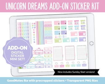 May include: A digital sticker kit for GoodNotes featuring a variety of stickers with a unicorn theme. The stickers include a variety of colors, including pink, blue, green, and purple. The stickers are precropped and come in transparent PNG files. The kit also includes Sunday Start versions of the stickers.