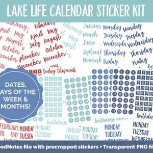 May include: A set of digital stickers for GoodNotes featuring a lake life theme. The stickers include calendar dates, days of the week, months, and other lake-themed designs. The stickers are in blue, green, and red colors.
