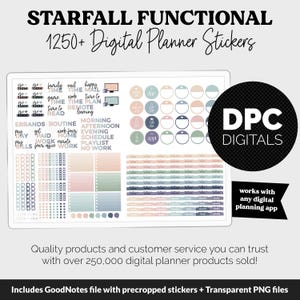 Könnte beinhalten: Ein digitales Planer-Aufkleber-Set mit dem Text "STARFALL FUNCTIONAL 1250+ Digital Planner Stickers". Die Aufkleber umfassen verschiedene Designs, wie Kreise, Etiketten und Checklisten, in Pastellfarben. Das Bild enthält auch den Text "DPC DIGITALS" und "works with any digital planning app."
