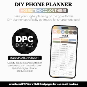 Puede incluir: Un planificador digital que se muestra en la pantalla de un teléfono inteligente, con un "Tema de color Homestead". La pantalla muestra un índice con enlaces rápidos y plantillas. La imagen también incluye el texto "DPC DIGITALS" y "2025 UPDATED VERSION!"