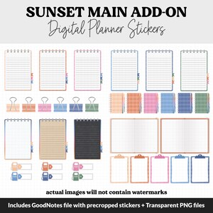 May include: Digital planner stickers with a sunset theme. The stickers include various notebook, clipboard, and paper clip designs in shades of blue, pink, orange, and green.