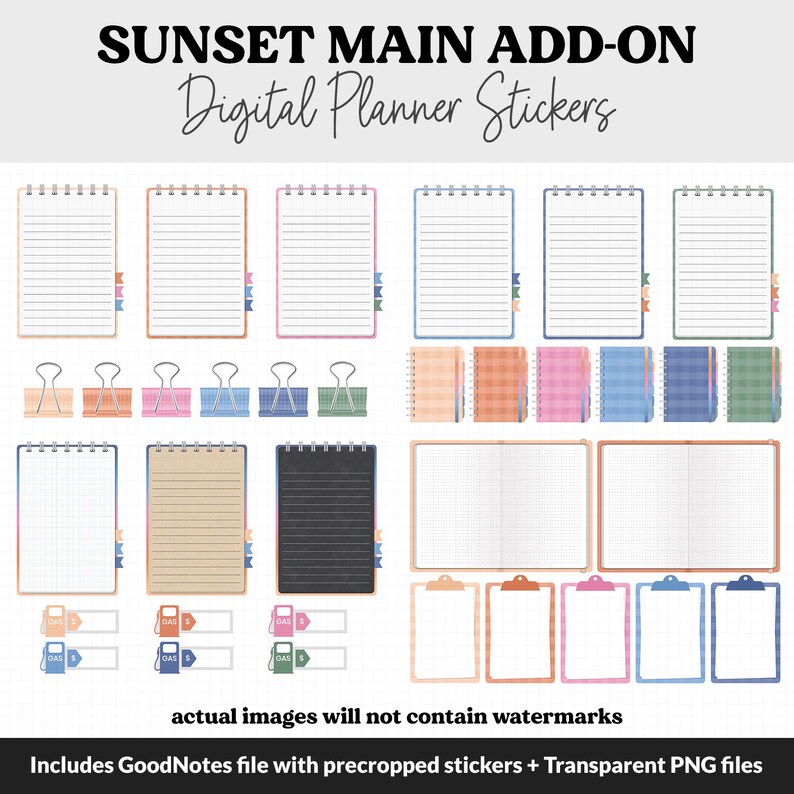 May include: Digital planner stickers with a sunset theme. The stickers include various notebook, clipboard, and paper clip designs in shades of blue, pink, orange, and green.