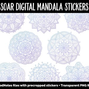 May include: Set of eight digital mandala stickers in a gradient of purple and blue. The mandalas are intricate and detailed, with a variety of patterns and designs. The stickers are perfect for adding a touch of whimsy and color to your digital planner or notes.