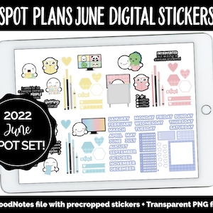 Può includere: Un set di adesivi digitali per giugno 2022 con una varietà di illustrazioni carine, tra cui un fantasma, una tazza di caffè e un calendario. Gli adesivi sono progettati per l'uso in pianificatori e quaderni digitali.