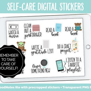 May include: A digital planner sticker set with illustrations of self-care activities, such as reading a book, watching a movie, and writing a gratitude list. The stickers are designed for use in digital planners and note-taking apps. The text "Remember to take care of yourself!" is included in the image.
