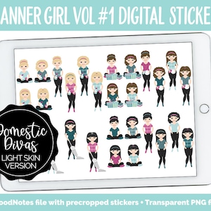 Pode incluir: Um conjunto de adesivos digitais com 20 ilustrações de mulheres de desenho animado com tons de pele claros. As mulheres usam diferentes roupas e estão envolvidas em diferentes atividades, como limpar, cozinhar e relaxar. Os adesivos são projetados para uso em planejadores e diários digitais. O texto "Planner Girl Vol #1 Digital Stickers" e "Domestic Divas Light Skin Version" está incluído na imagem.