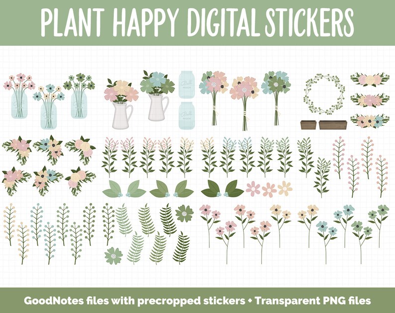 Plant Happy Digital Sticker Mega Bundle GoodNotes & iPad March, Growth, Floral, Spring, Goals, Tasks image 3