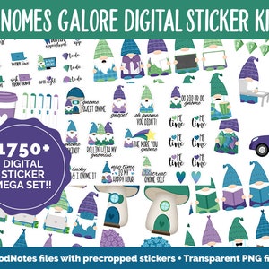 Könnte beinhalten: Ein digitales Sticker-Set mit über 1750 Stickern zum Thema Gnome. Die Sticker sind bunt und zeigen eine Vielzahl von Gnomen in verschiedenen Posen und Aktivitäten. Das Set enthält Sticker für GoodNotes, eine beliebte Notiz-App.