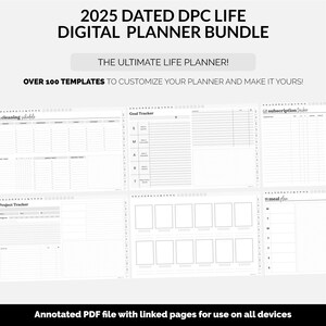 May include: 2025 Dated DPC Life Digital Planner Bundle: Over 100 grayscale templates for customizing a digital planner.  Includes goal tracker, project tracker, cleaning schedule, subscription tracker, and meal plan templates.  Annotated PDF file with linked pages for all devices.