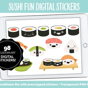 Sushi Fun Digital Stickers GoodNotes, iPad and Android Emoji, Mood Tracker, Kawaii, Food image 1