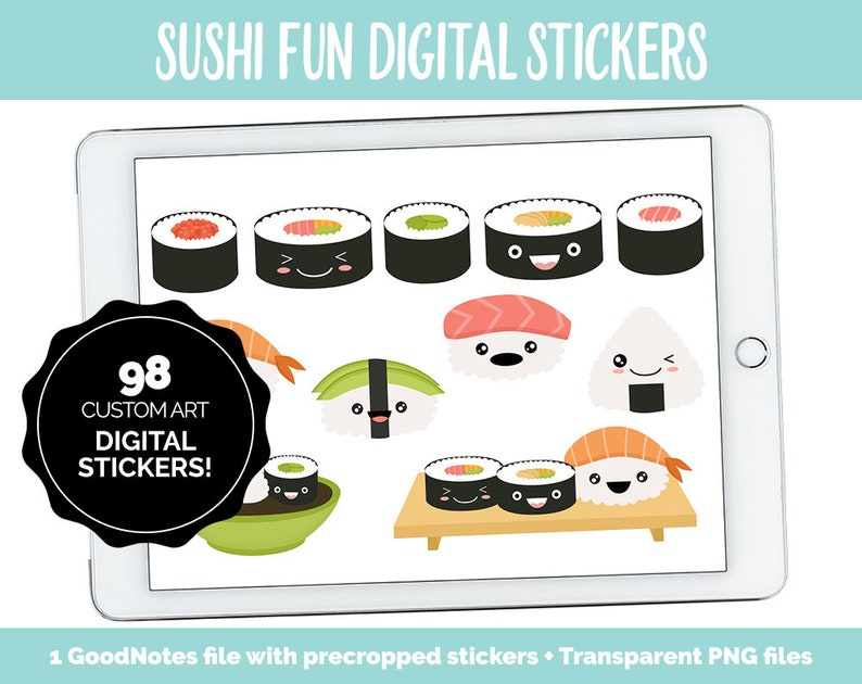 Sushi Fun Digital Stickers GoodNotes, iPad and Android Emoji, Mood Tracker, Kawaii, Food image 1