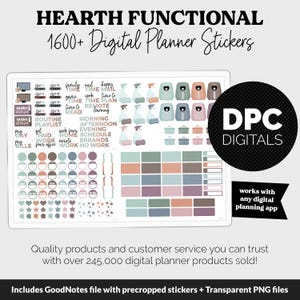 May include: Digital planner stickers with the text "HEARTH FUNCTIONAL 1600+ Digital Planner Stickers." The stickers include icons for time, family, work, and more. A black circle with "DPC DIGITALS" is on the right.
