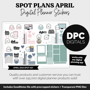 Könnte beinhalten: Digitales Planer-Sticker-Set für April 2025 mit niedlichen Illustrationen und Text. Enthält Sticker mit Sätzen wie "Good Vibes Only" und "Tasks Before Snacks". Geeignet für jede digitale Planungs-App.