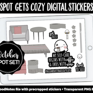 Op de afbeelding: Digitale stickers voor oktober met een knusse woonkamer sc&egrave;ne met een bank, een salontafel en een citaat dat zegt "My self-care begins with coffee & ends with wine #allaboutthatcozylife".