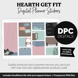 May include: Digital planner stickers with a fitness theme. The stickers include motivational phrases, workout equipment, and a sneaker. The stickers are designed to be used with any digital planning app.
