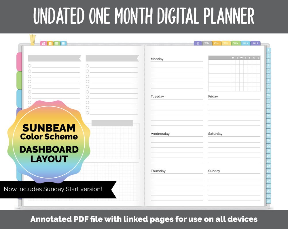 Undated One Month Digital Planner | Sunbeam - Dashboard | GoodNotes, …