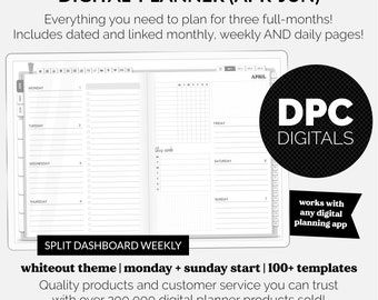 2024 Dated Three Month Digital Planner | April - June | Whiteout - Split Dashboard | GoodNotes, iPad & Android