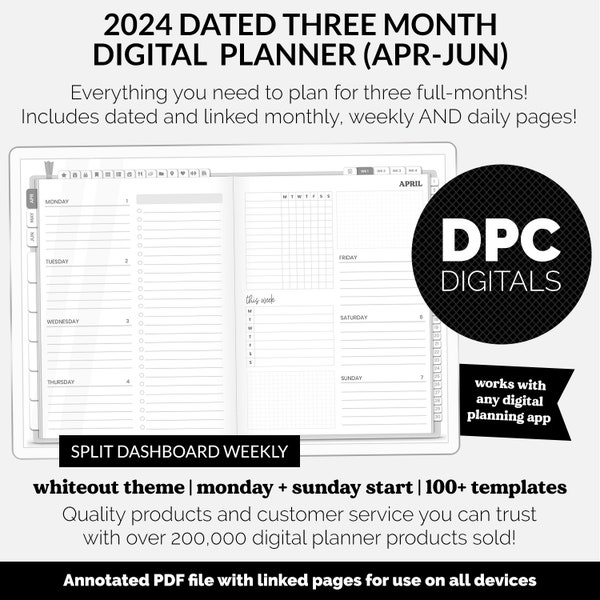 2024 Dated Three Month Digital Planner | April - June | Whiteout - Split Dashboard | GoodNotes, iPad & Android