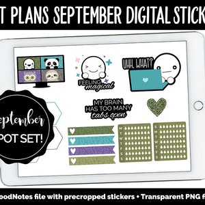 Könnte beinhalten: Ein digitaler Planer-Sticker-Set für September mit einer Vielzahl von niedlichen Illustrationen, darunter ein Faultier, ein Herz, ein Gehirn und eine Wolke. Die Sticker sind für die Verwendung in digitalen Planern konzipiert und in einem GoodNotes-Dateiformat verfügbar.