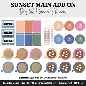 May include: Digital planner stickers with a sunset theme. The stickers include a cassette tape, notepads, candles, and mugs with and without marshmallows.
