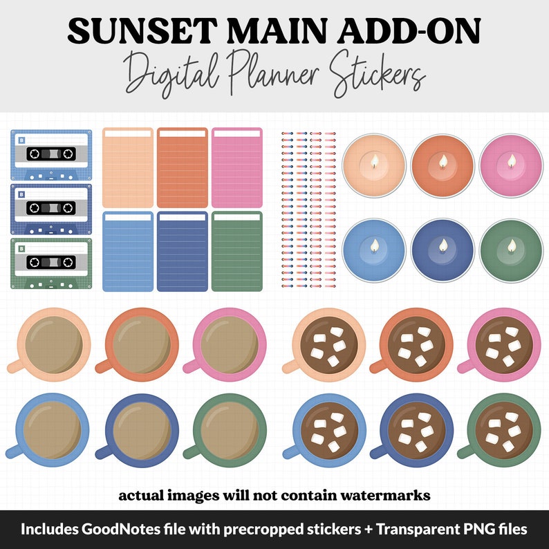 May include: Digital planner stickers with a sunset theme. The stickers include a cassette tape, notepads, candles, and mugs with and without marshmallows.
