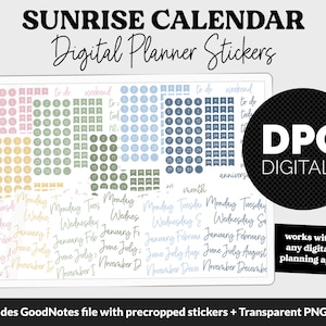 May include: Digital planner stickers with a sunrise calendar theme. The stickers are in various colors, including pink, yellow, green, and blue. The stickers are designed for use with digital planning apps. The text "DPC DIGITALS" is visible in the image.