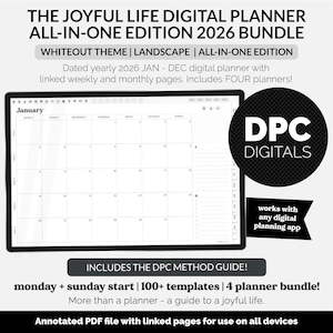 Könnte beinhalten: Digitales Planer-Bundle für 2026, mit Whiteout-Thema und Querformat. Das Bild zeigt eine digitale Kalenderschnittstelle mit dem Monat Januar. Enthält Wochen- und Monatsseiten und funktioniert mit jeder digitalen Planungs-App. Der Text lautet "The Joyful Life Digital Planner".