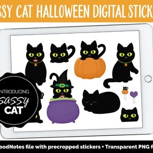 生意気な猫のハロウィーン デジタル ステッカー | GoodNotes、iPad、Android | 大人、子猫、黒猫