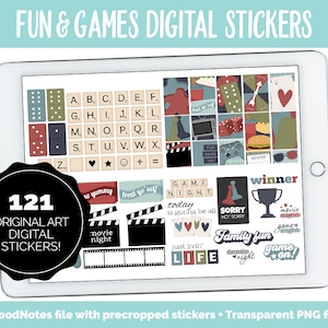 May include: A digital tablet screen displaying 121 colorful digital stickers for use in the GoodNotes app. The stickers feature a variety of fun and games themes, including movie night, game night, family fun, and winner. The stickers are pre-cropped and come in transparent PNG files.