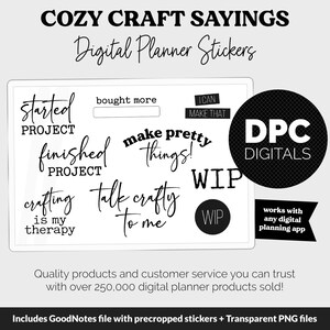 May include: Digital planner stickers with phrases like "started project", "finished project", and "make pretty things!" in a handwritten font. The stickers are designed for digital planning and include a "DPC DIGITALS" logo.