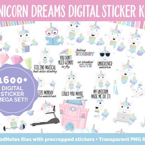 Puede incluir: Un kit de pegatinas digitales con más de 1600 pegatinas con temática de unicornio. Las pegatinas incluyen varios diseños, como unicornios con diferentes expresiones, unicornios con texto y unicornios con accesorios. Las pegatinas son perfectas para agregar un toque de fantasía a tu agenda digital, notas u otros proyectos digitales.