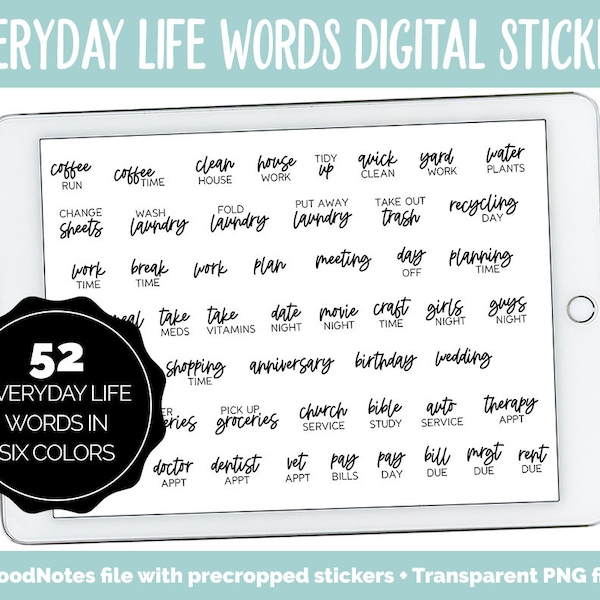 Everyday Life Words Digital Planner Stickers | GoodNotes, iPad and Android | Chores, Tasks, Errands, Things to Do