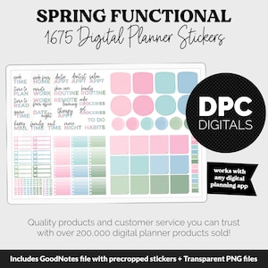 Spring Functional Digital Sticker Set | GoodNotes, iPad & Android | Papers, Sticky Notes, Chores, Work, Adulting, Tasks, Dates