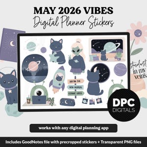Könnte beinhalten: Digitale Planer-Aufkleber mit Weltraum-Thema. Die Aufkleber zeigen Katzen, Außerirdische, Planeten und Raketen. Text enthält "MAY 2026 VIBES", "Digital Planner Stickers" und "Dream Big, New Worlds, Cosmic Vibes". Für jede digitale Planungs-App.