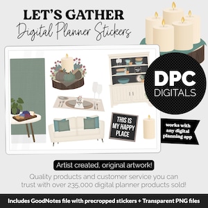 May include: A set of digital planner stickers featuring a fall-themed gathering with candles, a couch, a table setting, a side table with a plant, a cabinet, and a sign that says "This is my happy place".