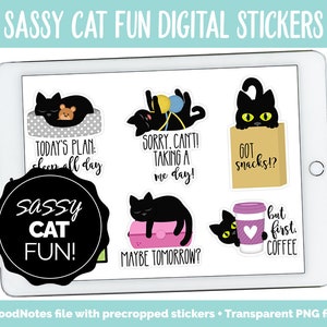 Sassy Cat の楽しいデジタル ステッカー | GoodNotes、iPad、Android | 子猫、黒猫、大人になる