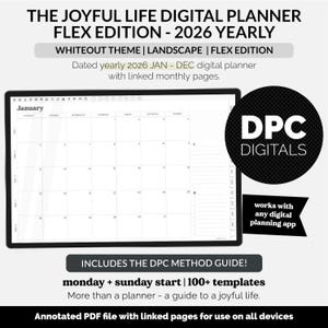 May include: Digital planner for 2026, whiteout theme, landscape layout. Includes monthly pages, DPC Method Guide, and over 100 templates. Works with any digital planning app. The planner is an annotated PDF file for use on all devices.