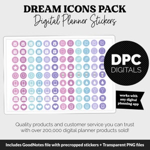 May include: A digital planner sticker pack with over 200,000 digital planner products sold. The pack includes a variety of icons in pink, blue, and white colors. The icons include calendars, stars, clocks, phones, laptops, hearts, and more. The pack also includes a GoodNotes file with precropped stickers and transparent PNG files.