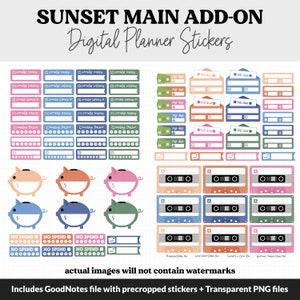 May include: Digital planner stickers with a sunset theme. The stickers include piggy banks, cassette tapes, bills due, and other organizational elements. The text "SUNSET MAIN ADD-ON Digital Planner Stickers" is at the top of the image.